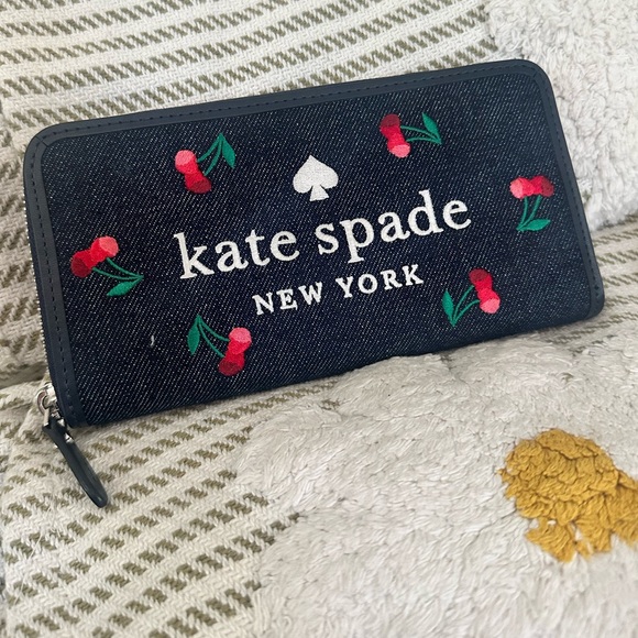 kate spade Handbags - 🍒EUC Kate Spade Blue Denim Wallet W/ Red Cherries🍒